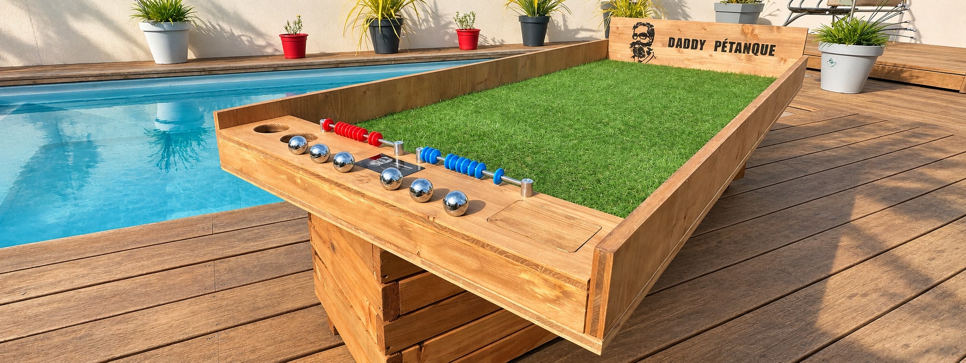 La table Daddy Pétanque sur une terrasse au bord de la piscine